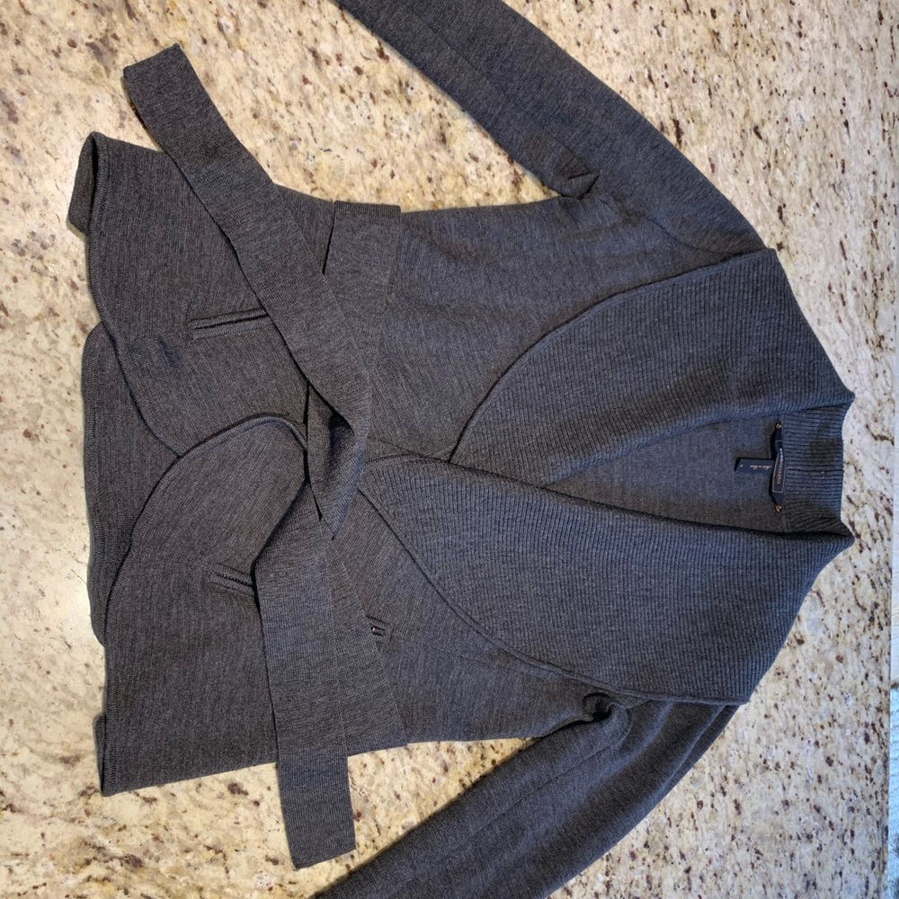 BCBG gray belted sweater jacket, size small